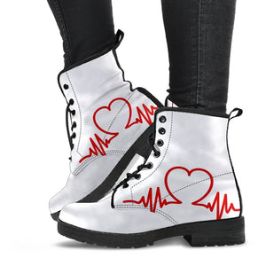 Heartbeat Sign, Women's White Vegan Leather Boots, Lace-Up Boho Hippie Style, Mandala Ankle Footwear