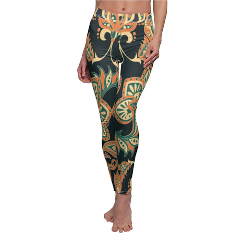 Image of Black Multicolored Floral Mandala Beige Women's Cut & Sew Casual Leggings, Yoga