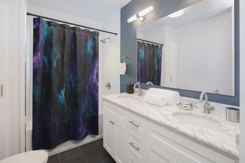 Image of Black Multicolored Nebula Burst Outer Galaxy Universe Shower Curtains, Water