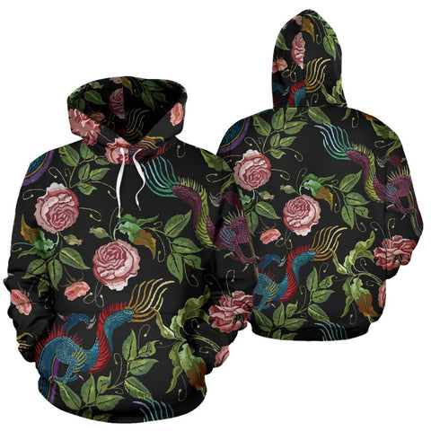 Image of Black Multicolored Rose Dragon Fashion Wear,Fashion Clothes,Handmade Hoodie,Floral,Pullover Hoodie,Hooded Sweatshirt,Hoodie Sweatshirt