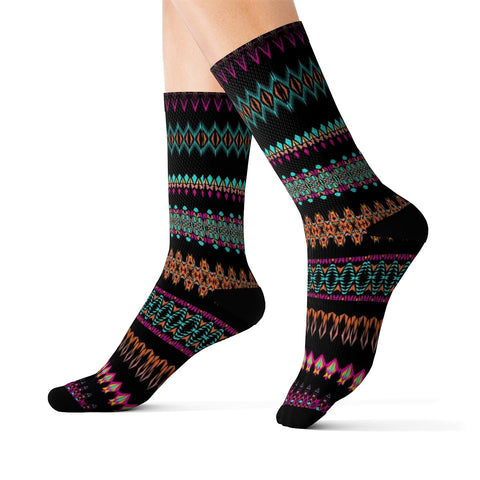 Image of Black Multicolored Tribal Ethnic Print Long Sublimation Socks, High Ankle Socks,