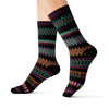 Black Multicolored Tribal Ethnic Print Long Sublimation Socks, High Ankle Socks,
