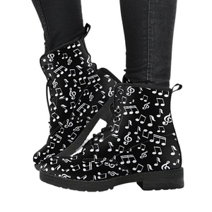Music Notes Vegan Leather Boots, Women's Ankle Boots, Handcrafted Lace,Up