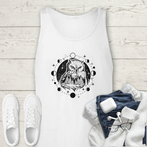 Image of Black Mystical Owl Galaxy Premium Unisex Tank Top, Graphic Tank, Tank Top Shirt,