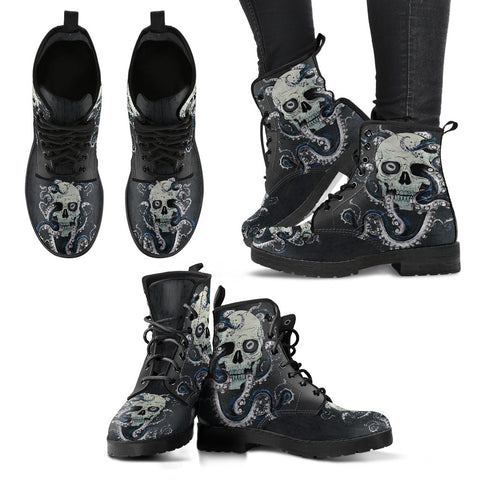 Image of Black Tentacle Skull, Women's Vegan Leather Boots, Hippie Boots,