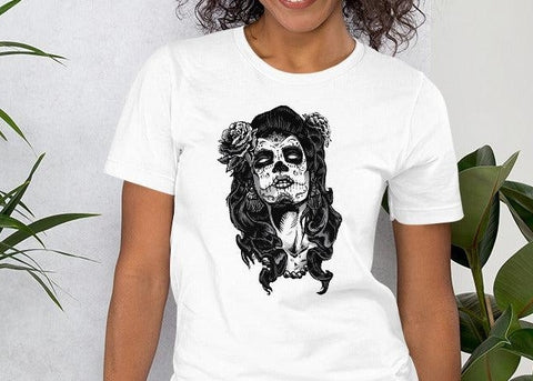 Image of Black & White Calavera Women Unisex T,Shirt, Mens, Womens, Short Sleeve Shirt,