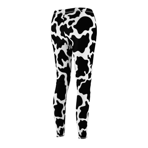Image of Black/ White Cow Print Women's Cut & Sew Casual Leggings, Yoga Pants, Polyester