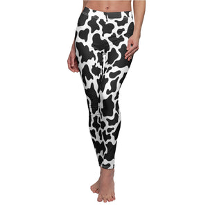Black/ White Cow Print Women's Cut & Sew Casual Leggings, Yoga Pants, Polyester