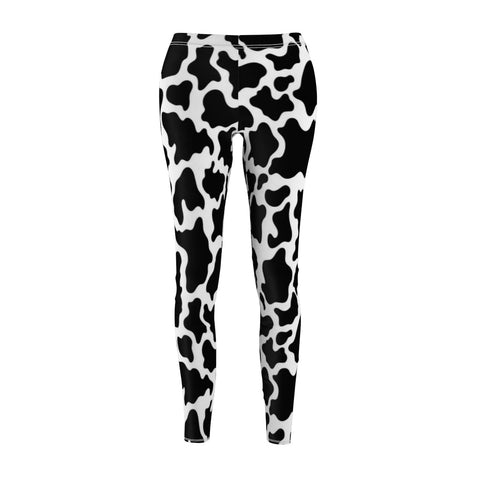 Image of Black/ White Cow Print Women's Cut & Sew Casual Leggings, Yoga Pants, Polyester
