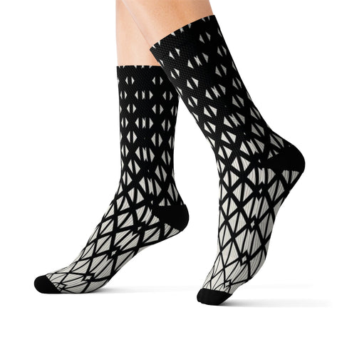Image of Black & White Diamond Triangle Printed Long Sublimation Socks, High Ankle Socks,