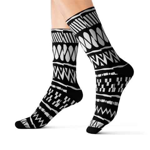 Image of Black & White Ethnic Tribal Printed Long Sublimation Socks, High Ankle Socks,