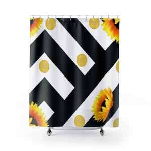 Black & White Lines Polka Dot Sunflower Shower Curtains, Water Proof Bath Decor