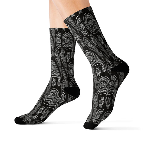 Image of Black & White Paisley Long Sublimation Socks, High Ankle Socks, Warm and Cozy