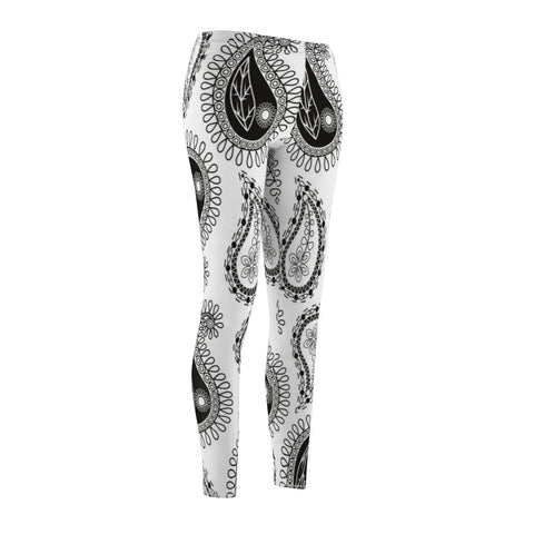 Image of Black/ White Paisley Women's Cut & Sew Casual Leggings, Yoga Pants, Polyester