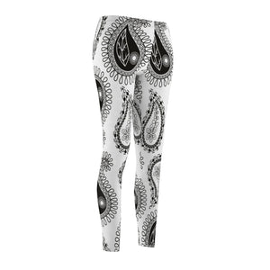 Black/ White Paisley Women's Cut & Sew Casual Leggings, Yoga Pants, Polyester