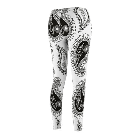 Image of Black/ White Paisley Women's Cut & Sew Casual Leggings, Yoga Pants, Polyester