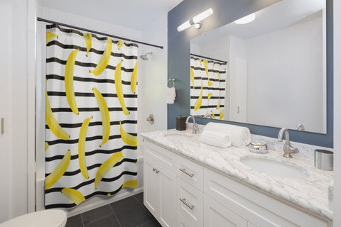 Image of Black & White Stripe Banana Shower Curtains, Water Proof Bath Decor | Spa |