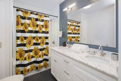 Image of Black & White Stripe Sunflower Shower Curtains, Water Proof Bath Decor | Spa |