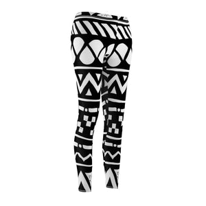 Black/ White Tribal Print Women's Cut & Sew Casual Leggings, Yoga Pants,