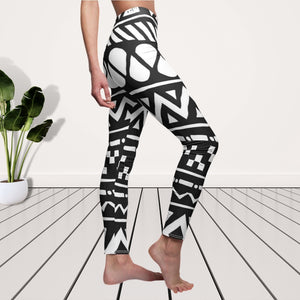 Black/ White Tribal Print Women's Cut & Sew Casual Leggings, Yoga Pants,