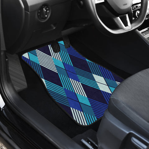 Image of Blue Abstract Stripes Plaid Car Mats Back/Front, Floor Mats Set, Car Accessories