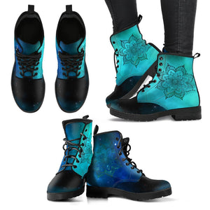 Galaxy Mandala Womens Ankle Boots , Vegan Leather Lace Up Hippie Boho Shoes