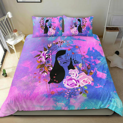 Image of Blue And Pink Floral Woman Doona Cover,Duvet Cover,Multi Colored,Quilt Cover,Bedroom Set,Bedding Set,Pillow Cases Bedding Set, Comforter