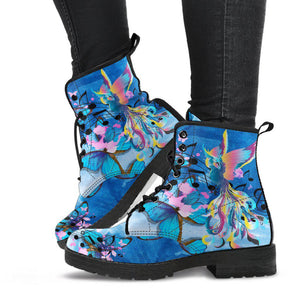 Handcrafted Women’s Blue Phoenix Combat Boots , Vegan Leather with Musical Notes
