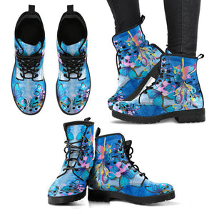Handcrafted Women’s Blue Phoenix Combat Boots , Vegan Leather with Musical Notes