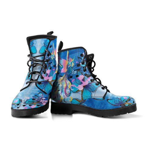 Image of Handcrafted Women’s Blue Phoenix Combat Boots , Vegan Leather with Musical Notes