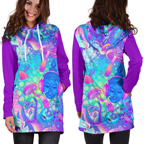 Image of Blue And Purple Psychedelic Buddha Dresses Sweatshirt, Custom Made,Womens Hoodie Dress,Custom Printed,Woman Girl Gift,Long Hoodie Jumper