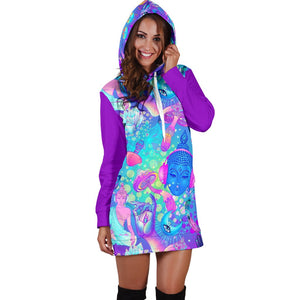 Blue And Purple Psychedelic Buddha Dresses Sweatshirt, Custom Made,Womens Hoodie Dress,Custom Printed,Woman Girl Gift,Long Hoodie Jumper