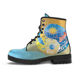 Blue Peace Sign Hippie Ying Yang Sun Women's Vegan Leather Boots,
