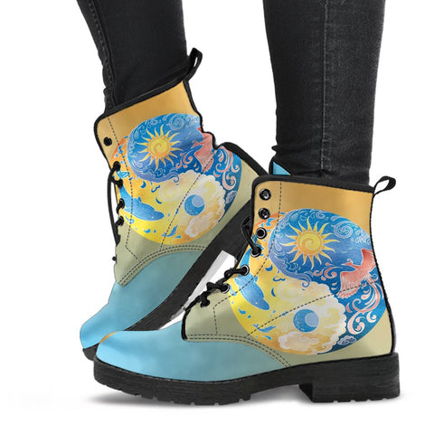 Image of Blue Peace Sign Hippie Ying Yang Sun Women's Vegan Leather Boots,