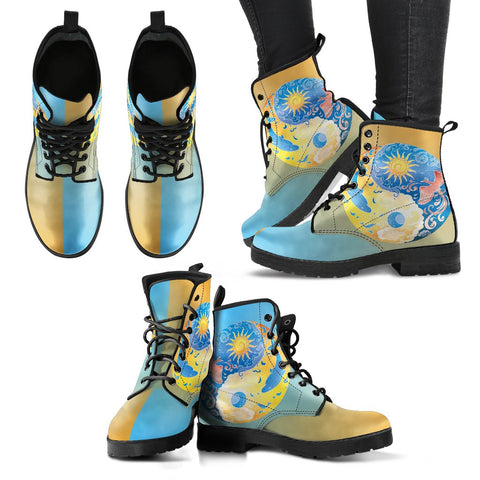 Image of Blue Peace Sign Hippie Ying Yang Sun Women's Vegan Leather Boots,