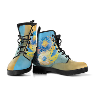 Blue Peace Sign Hippie Ying Yang Sun Women's Vegan Leather Boots,