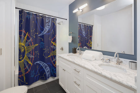 Blue Astrology Sun & Moon Constellation Multicolored Shower Curtains, Water