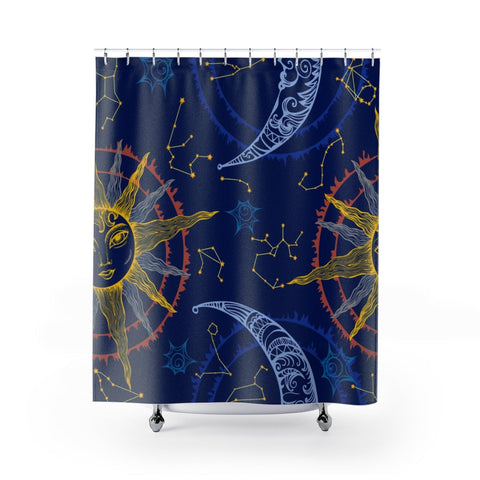 Image of Blue Astrology Sun & Moon Constellation Multicolored Shower Curtains, Water