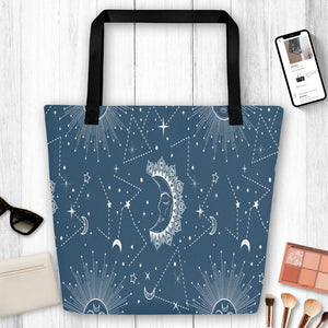 Blue Astronomy Galaxy Stars Sun & Moon Large Tote Bag, Weekender Tote/ Hospital