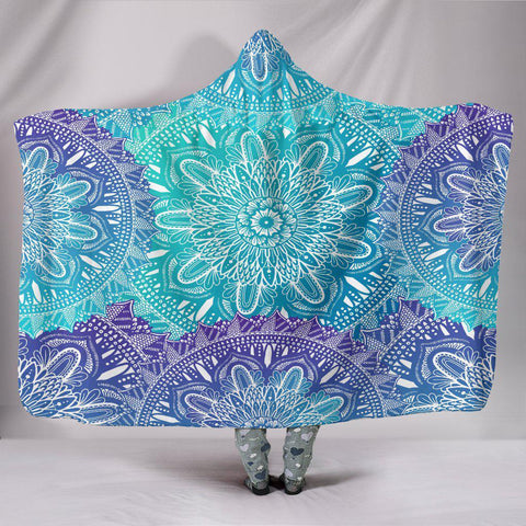 Image of Blue Boho Mandala Blanket,Sherpa Blanket,Bright Colorful, Hooded blanket,Blanket with Hood,Soft Blanket,Hippie Hooded Colorful Throw