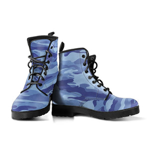 Blue Camouflage Design: Women's Vegan Leather Boots, Handcrafted Lace,Up Boots,