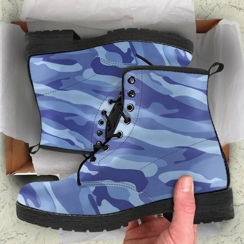Image of Blue Camouflage Design: Women's Vegan Leather Boots, Handcrafted Lace,Up Boots,