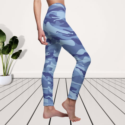 Image of Blue Camouflage Women's Cut & Sew Casual Leggings, Yoga Pants, Polyester Spandex