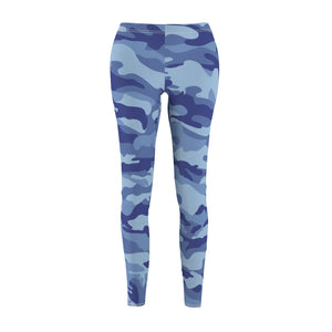 Blue Camouflage Women's Cut & Sew Casual Leggings, Yoga Pants, Polyester Spandex