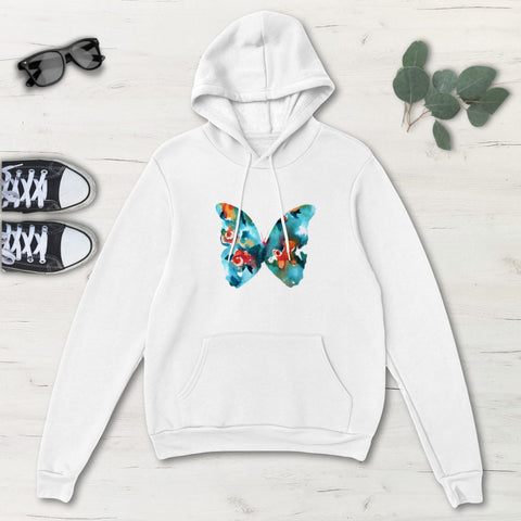 Image of Blue Colorful Flower Butterfly Classic Unisex Pullover Hoodie, Mens, Womens,