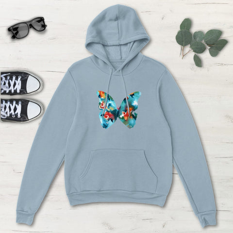 Image of Blue Colorful Flower Butterfly Classic Unisex Pullover Hoodie, Mens, Womens,
