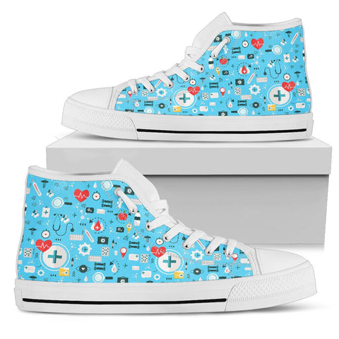 Image of Blue Colorful Nurse High Tops, High Quality,Handmade Crafted, Spiritual, Streetwear,Canvas Shoes, Boho,All Star