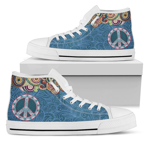 Image of Blue Colorful Paisley Peace Sign High Tops Sneaker,Spiritual,Multi Colored,High Quality,Handmade Crafted,Streetwear,All Star,Custom Shoes