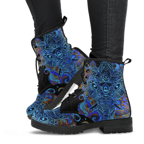 Image of Blue Elephant Mandala Women's Vegan Leather Boots, Handcrafted, Bohemian Hippie
