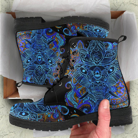 Image of Blue Elephant Mandala Women's Vegan Leather Boots, Handcrafted, Bohemian Hippie